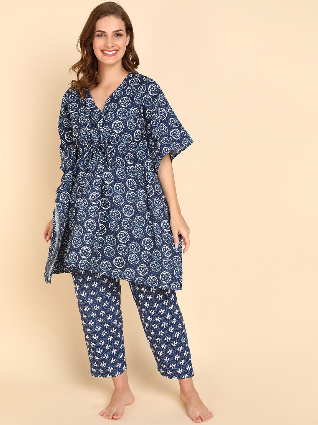 

NEUDIS Ethnic Motifs Printed Pure Cotton Kaftan Night suit, Turquoise blue