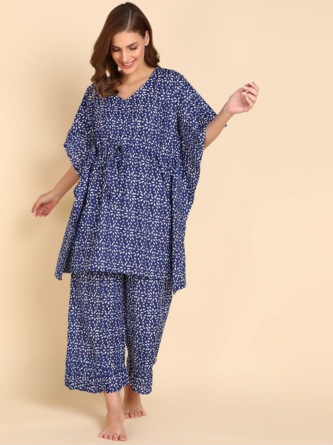 

NEUDIS Ethnic Motifs Printed Pure Cotton Kaftan Night suit, Blue