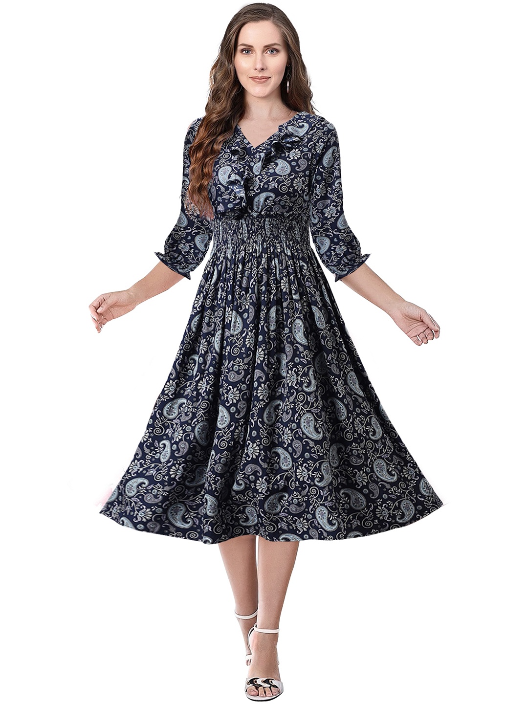 

BAESD Paisley Printed Ruffled Smocked Fit & Flare Midi Dress, Navy blue