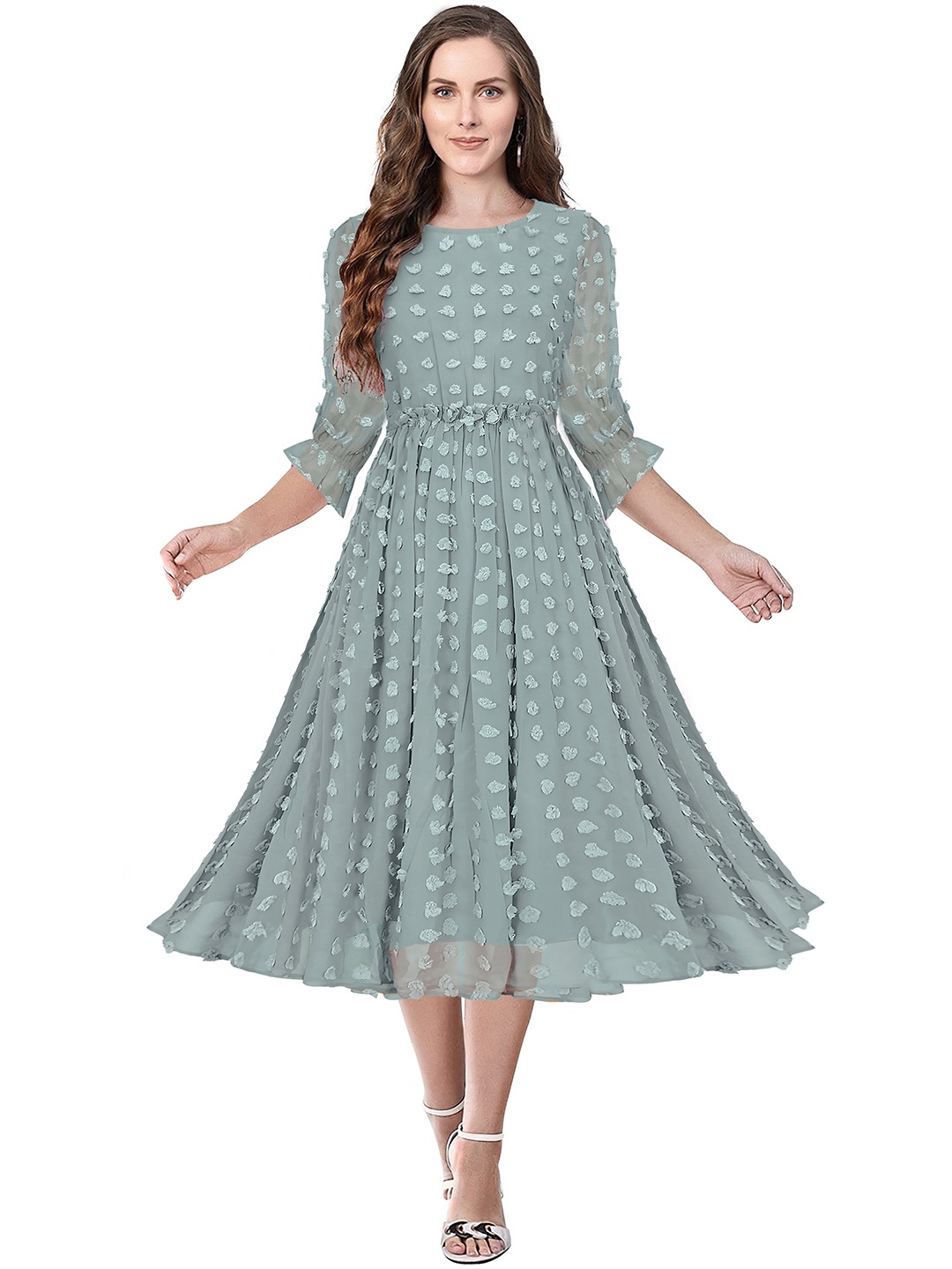 

BAESD Self Design Georgette Ruffled Dobby Fit & Flare Midi Dress, Sea green