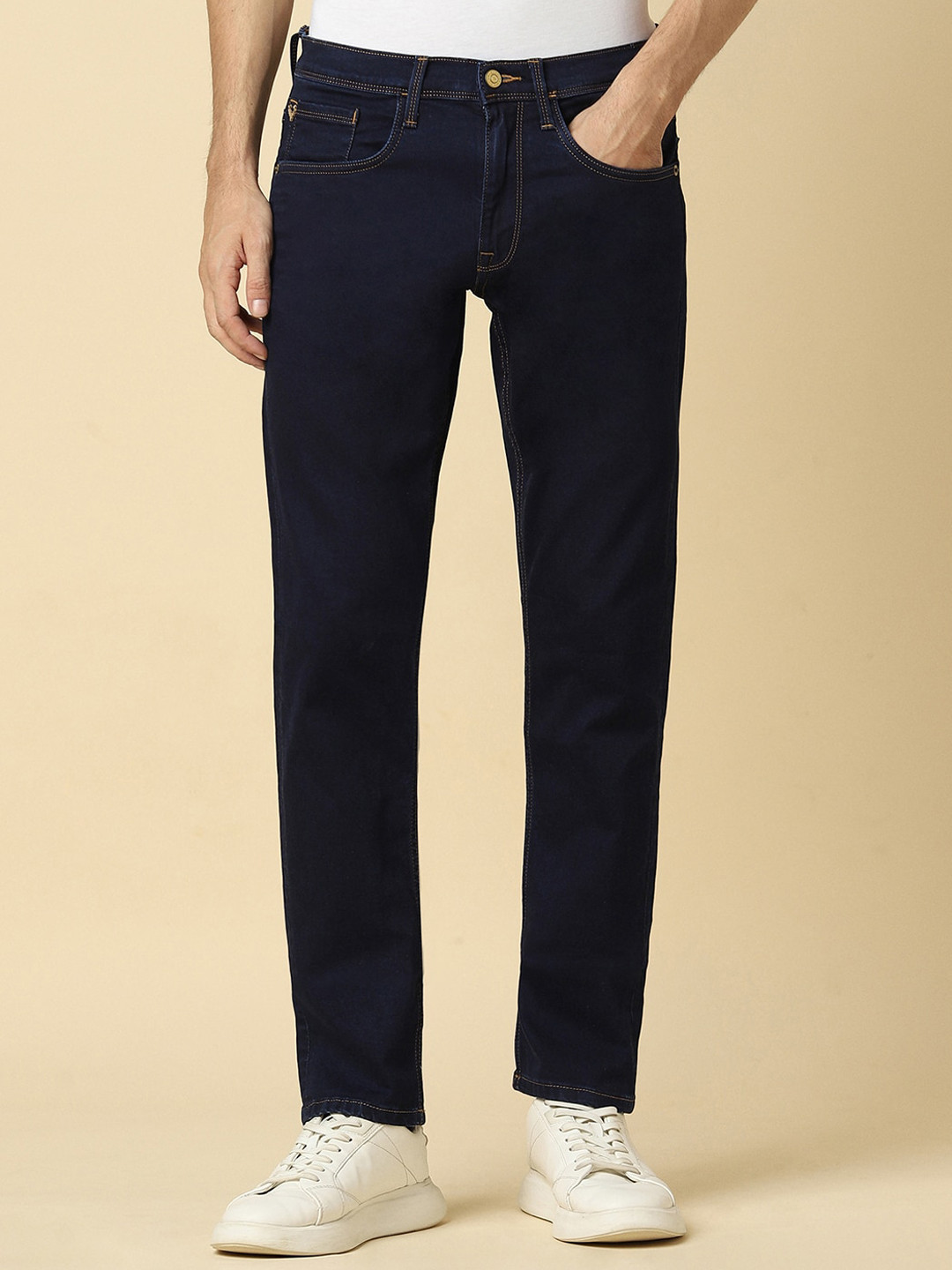 

Allen Solly Men Slim Fit Mid-Rise Dark Shade Clean Look Stretchable Jeans, Navy blue