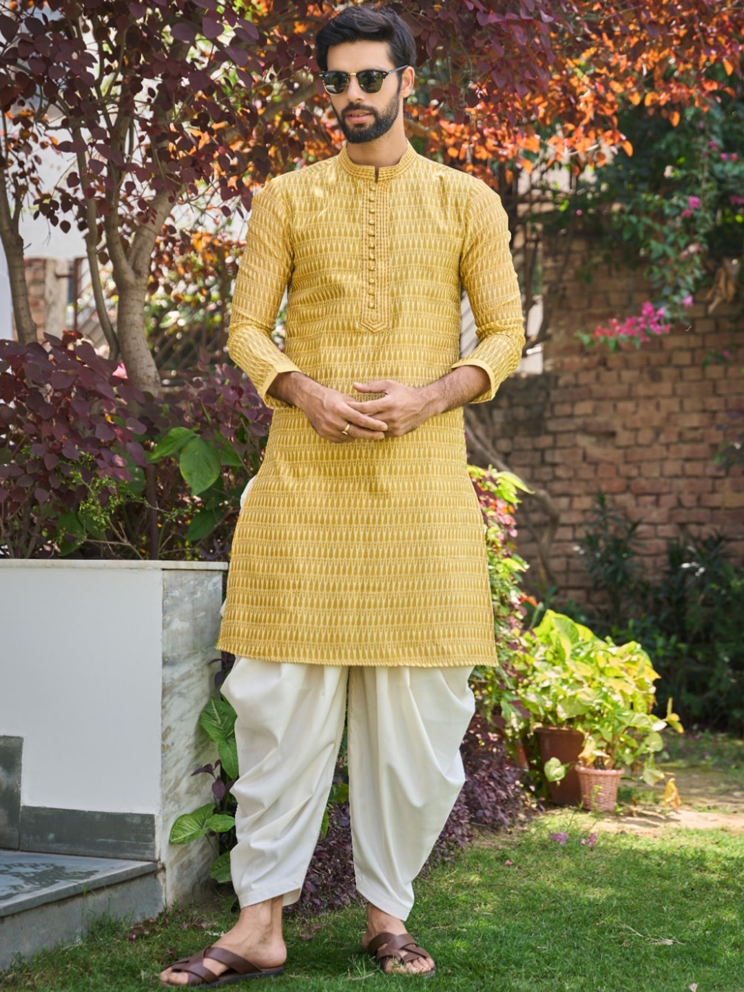 

See Designs Geometric Printed Mandarin Collar Pure Cotton Kurta With Patiala, Mustard