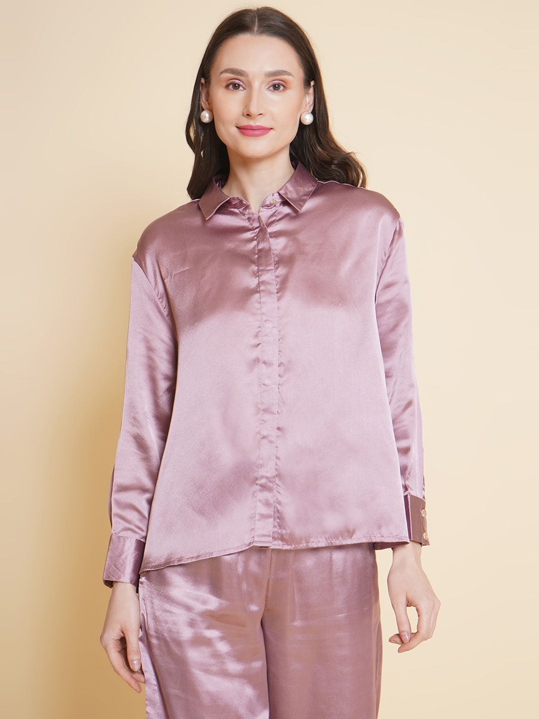 

VESTIDO MODAS Oversized Long Sleeves Satin Casual Shirt, Pink