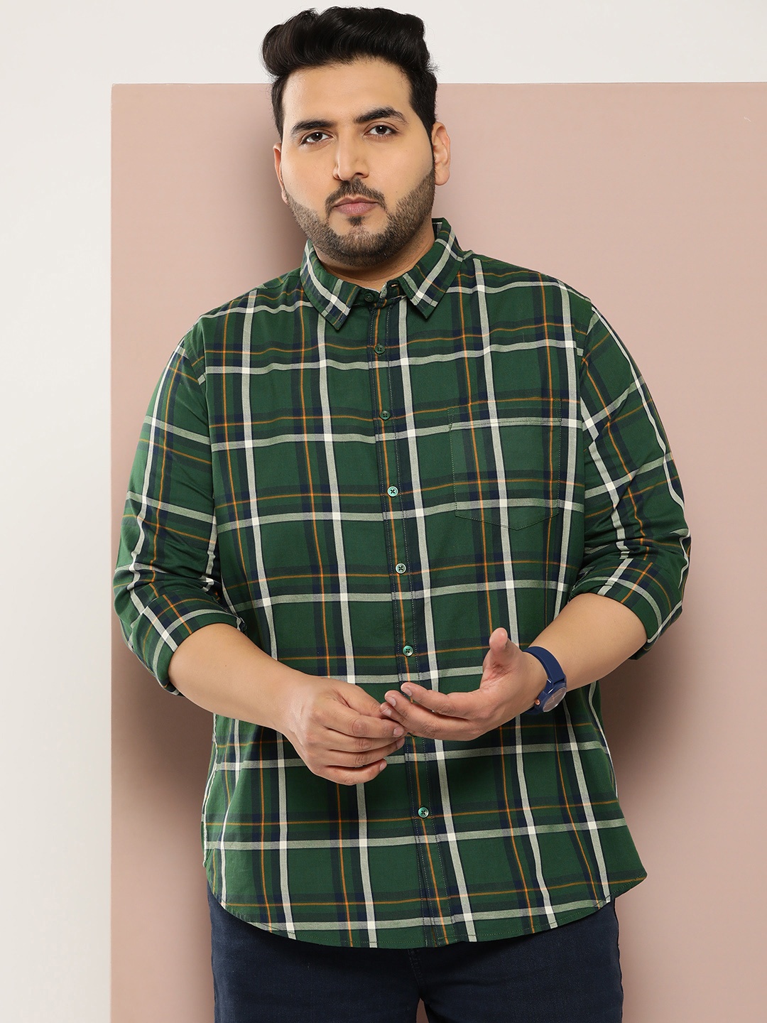 

Sztori Men Plus Size Checked Regular Fit Casual Shirt, Green