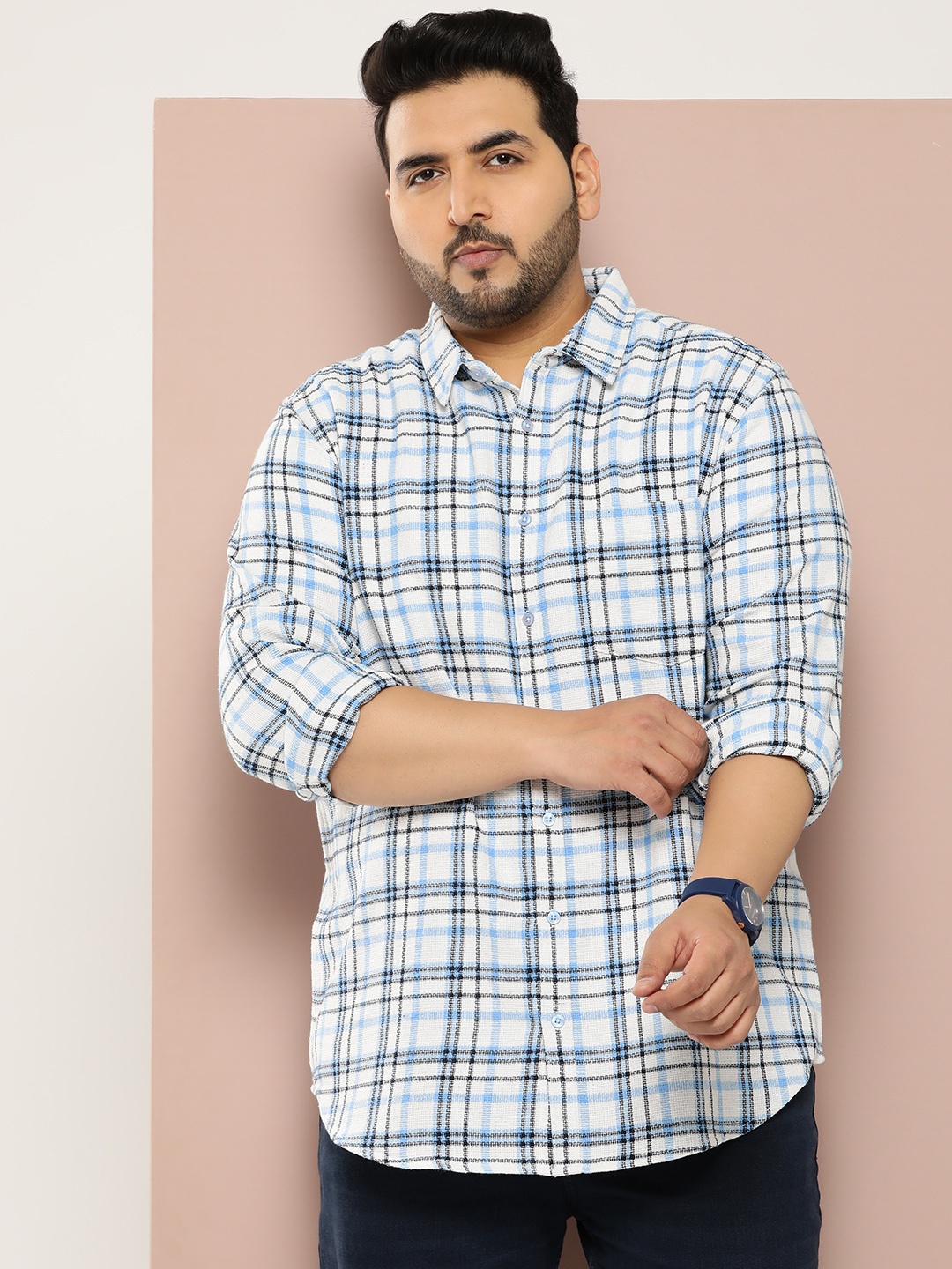 

Sztori Men Plus Size Checked Regular Fit Casual Shirt, Blue