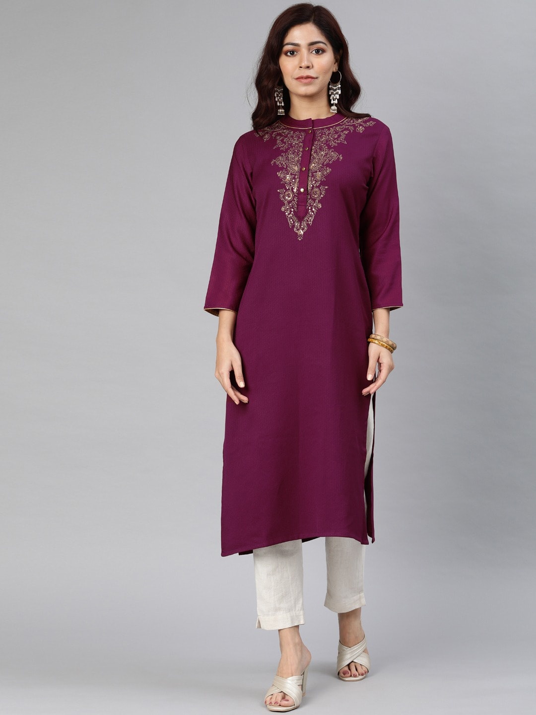 

KALINI Women Yoke Design Keyhole Neck Thread Work Kurta, Burgundy