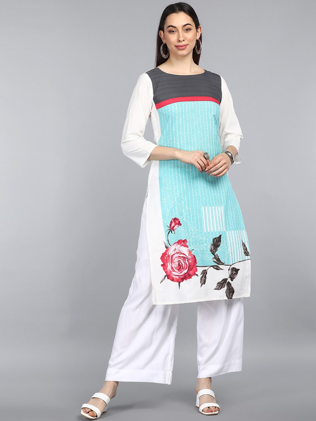 

KALINI Striped Round Neck Three-Quarter Sleeves Sequinned Kurta, Sea green