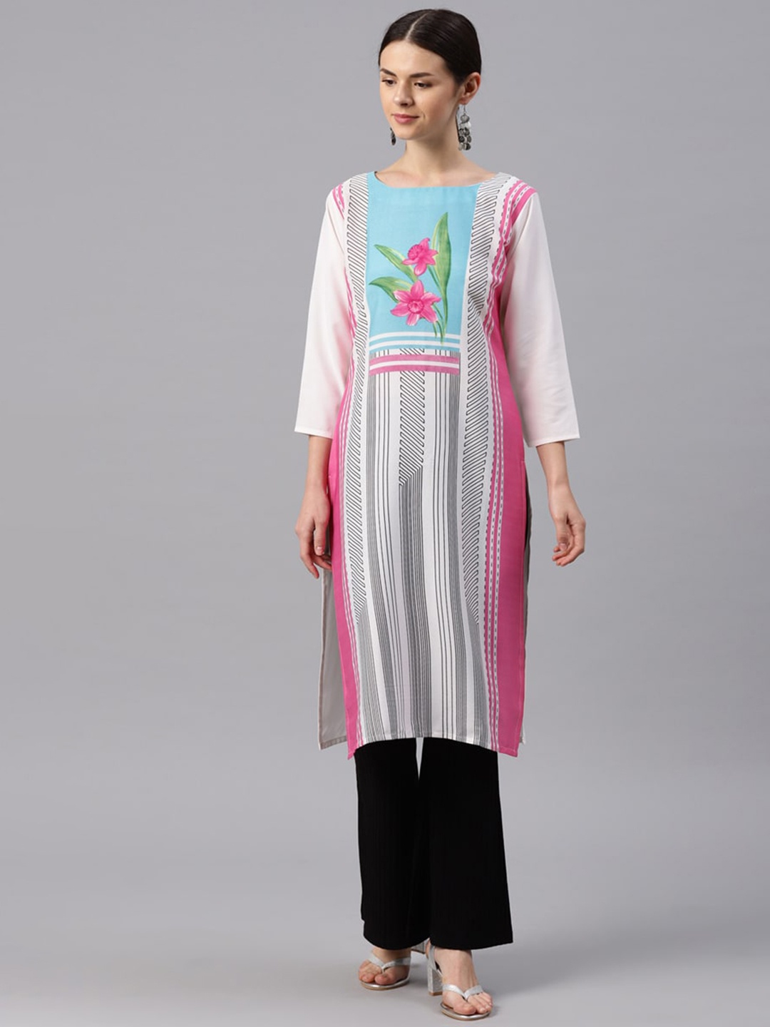 

KALINI Women Striped Thread Work Crepe Kurta, Off white