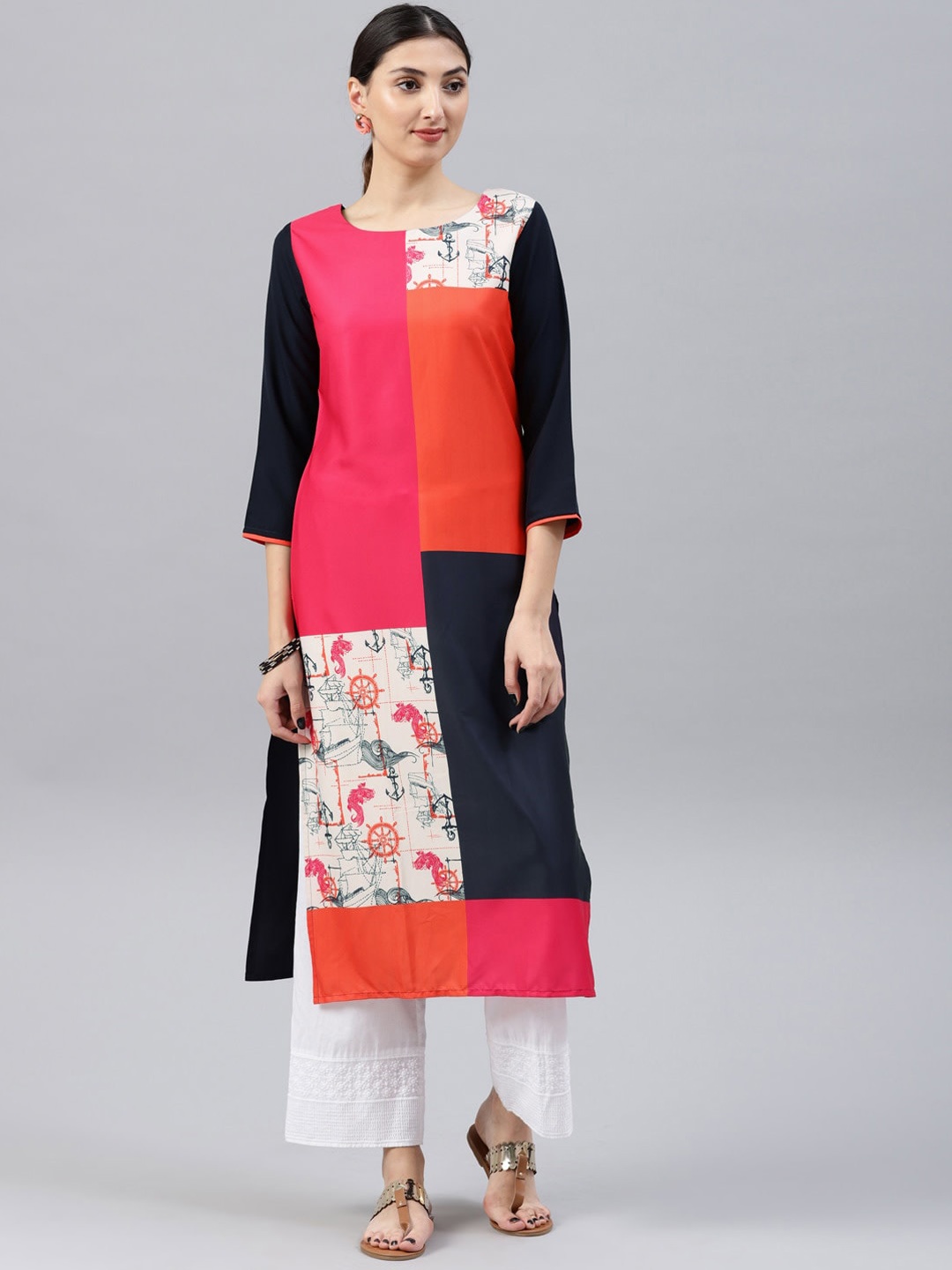 

KALINI Colourblocked Round Neck Three-Quarter Sleeves Crepe Kurta, Pink