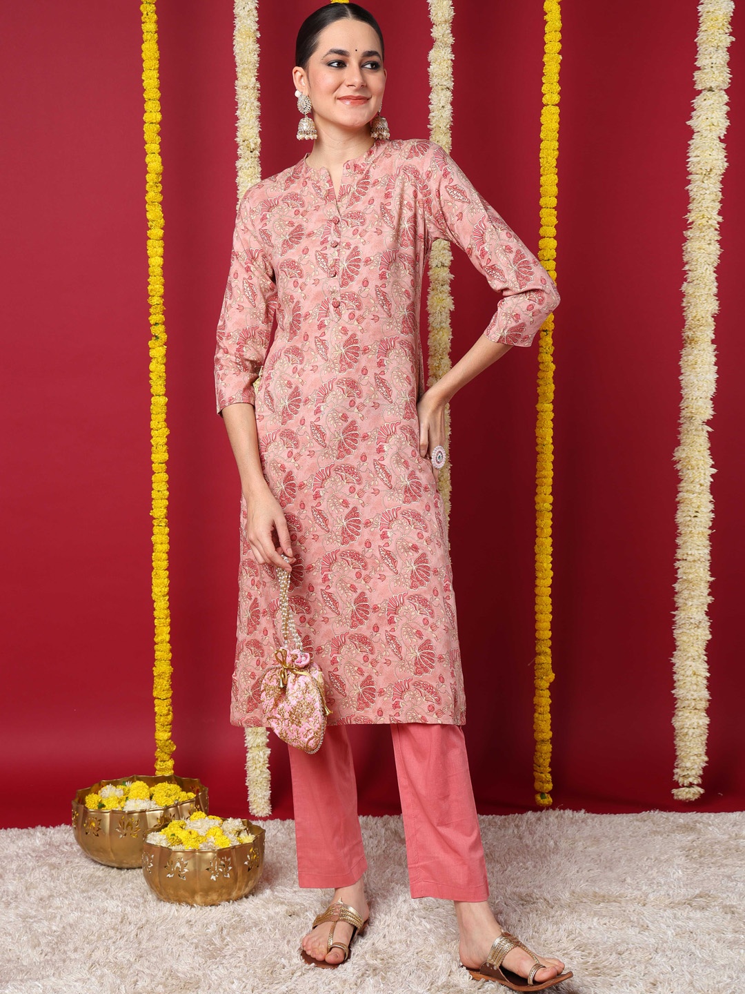 KALINI Floral Printed Mandarin Collar Three-Quarter Sleeves Kurta, Peach