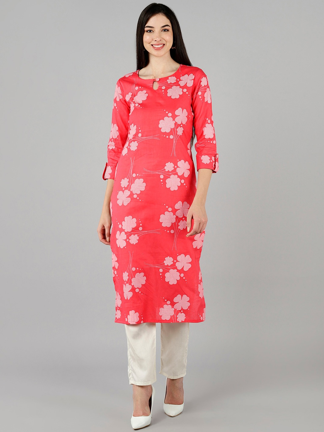 

KALINI Floral Printed Keyhole Neck Cotton Kurta, Pink