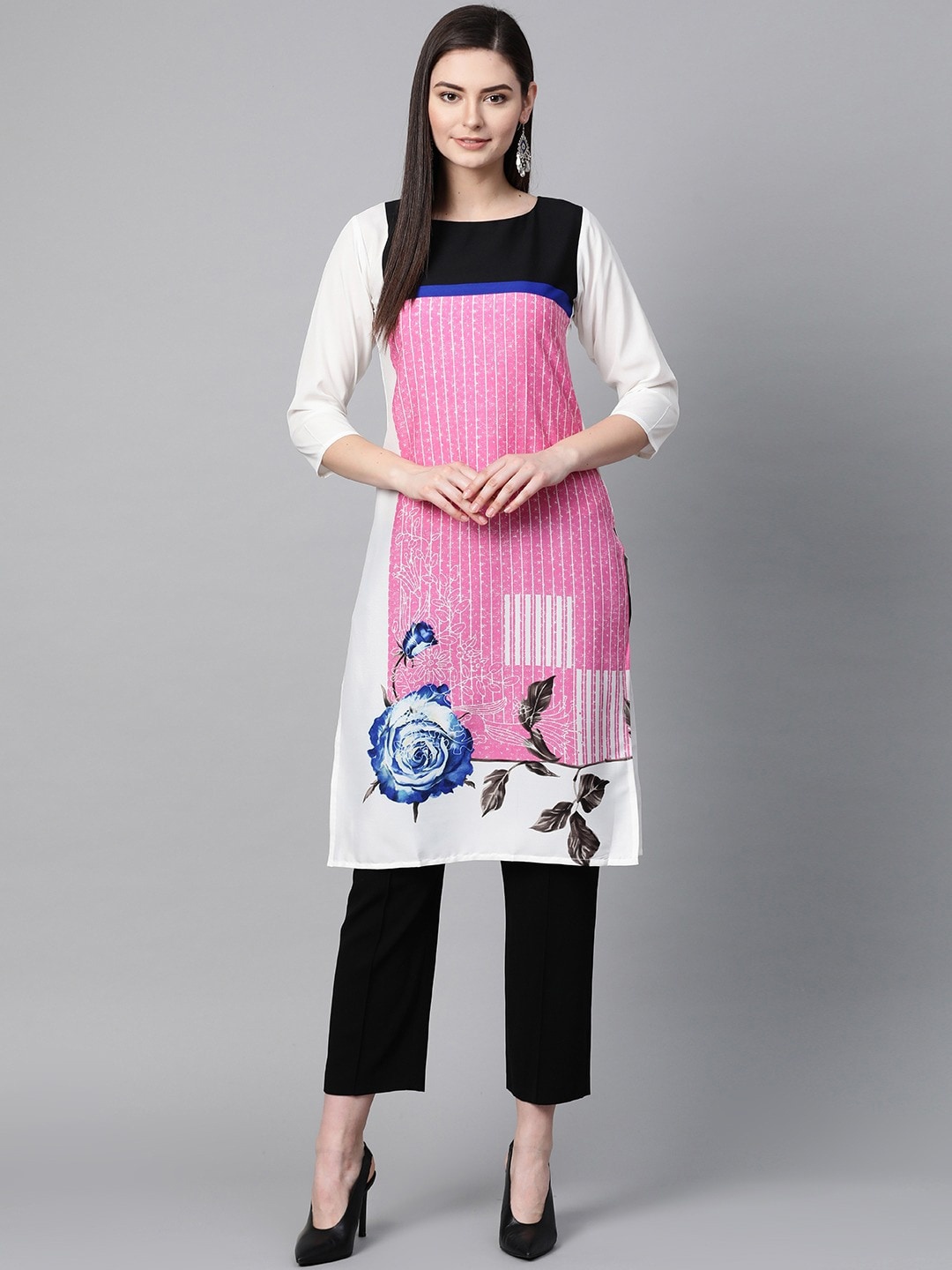 

KALINI Quirky Printed Boat Neck Three-Quarter Sleeves Sequinned Crepe Kurta, Off white