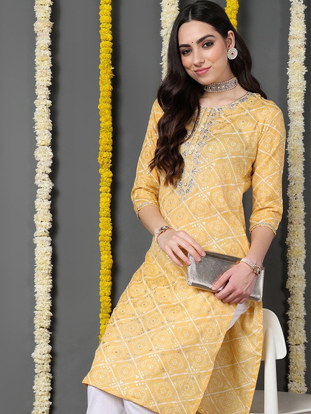 

KALINI Bandhani Printed Sequinned Kurta, Yellow