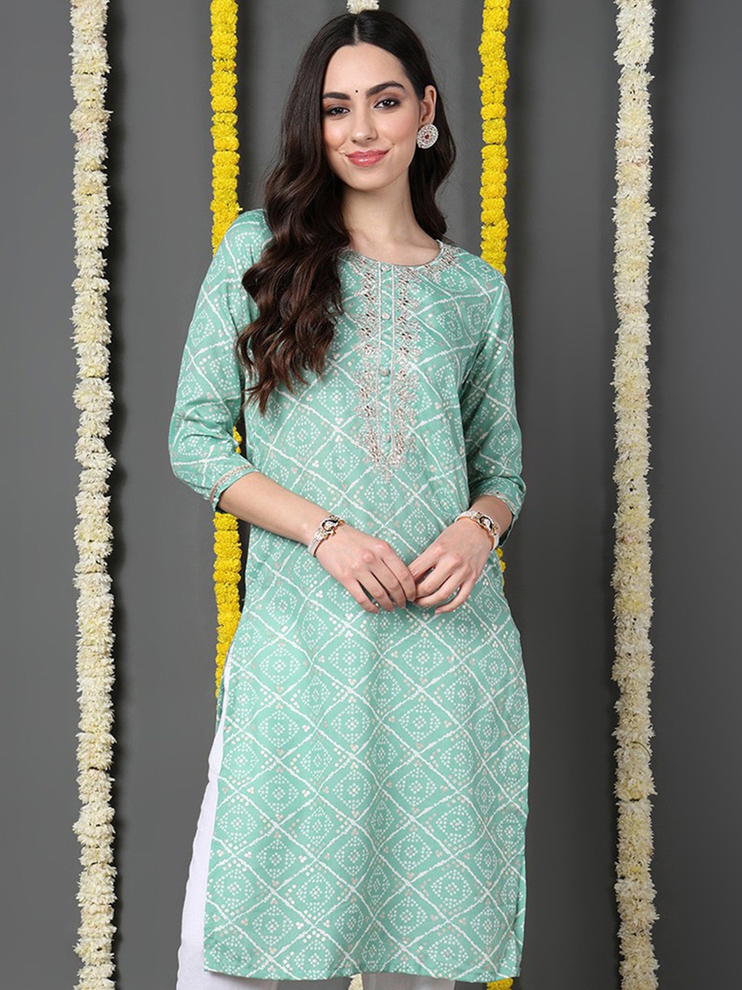 

KALINI Bandhani Printed Gotta Patti Cotton Kurta, Sea green