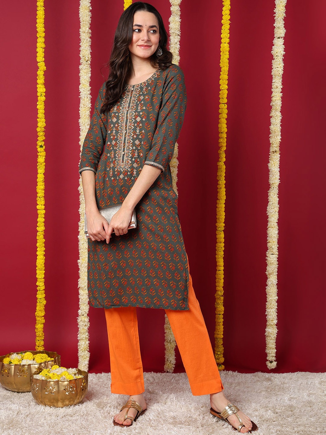 

KALINI Women Ethnic Motifs Printed Flared Sleeves Mirror Work Kurta, Olive
