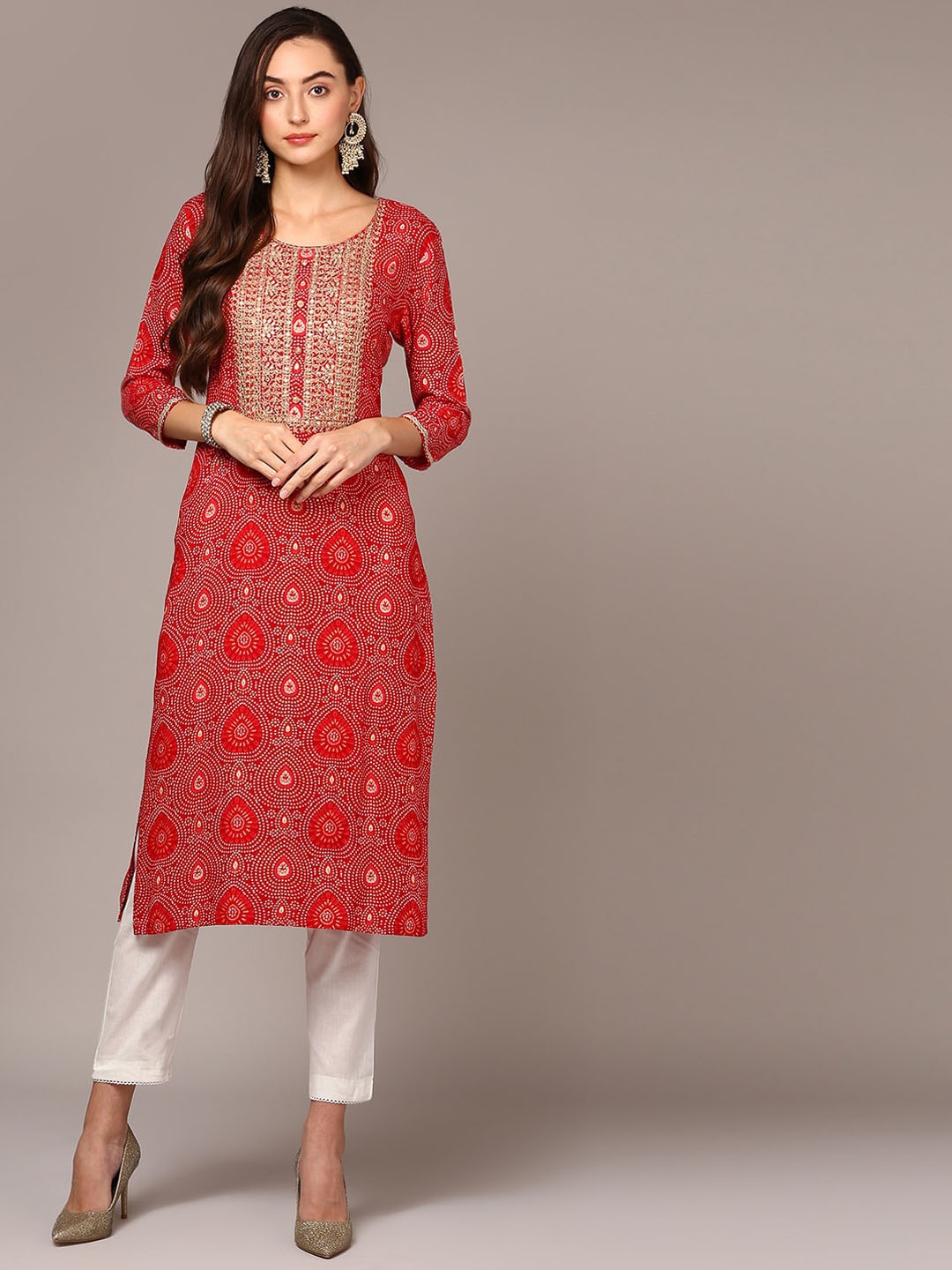 

KALINI Bandhani Printed Sequinned Kurta, Red