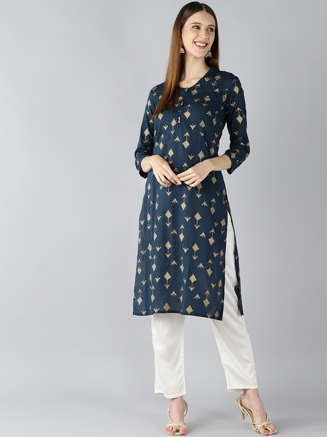 

KALINI Geometric Printed Cotton Kurta, Teal