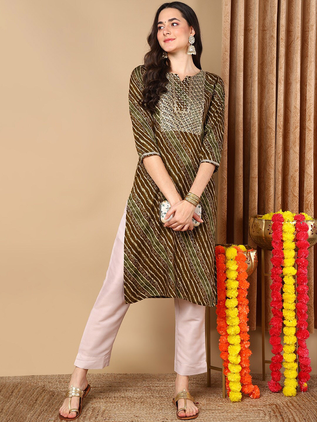 

KALINI Striped Round Neck Three-Quarter Sleeves Mirror Work Kurta, Olive