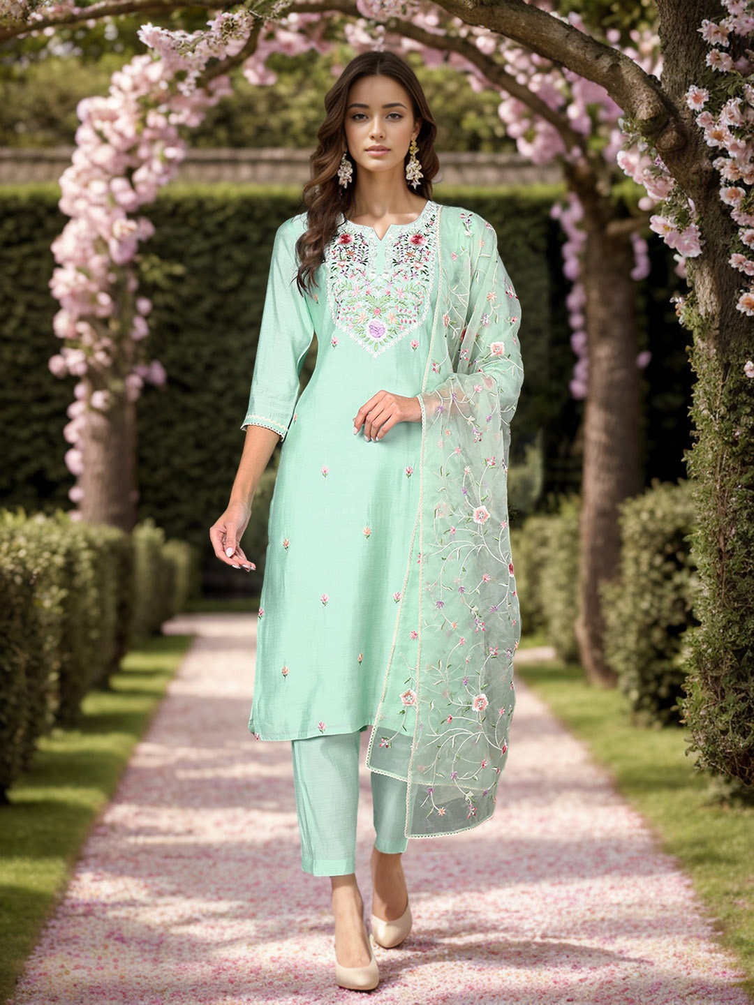 

KALINI Floral Embroidered Notched Neck Straight Kurta With Trouser & Dupatta, Green