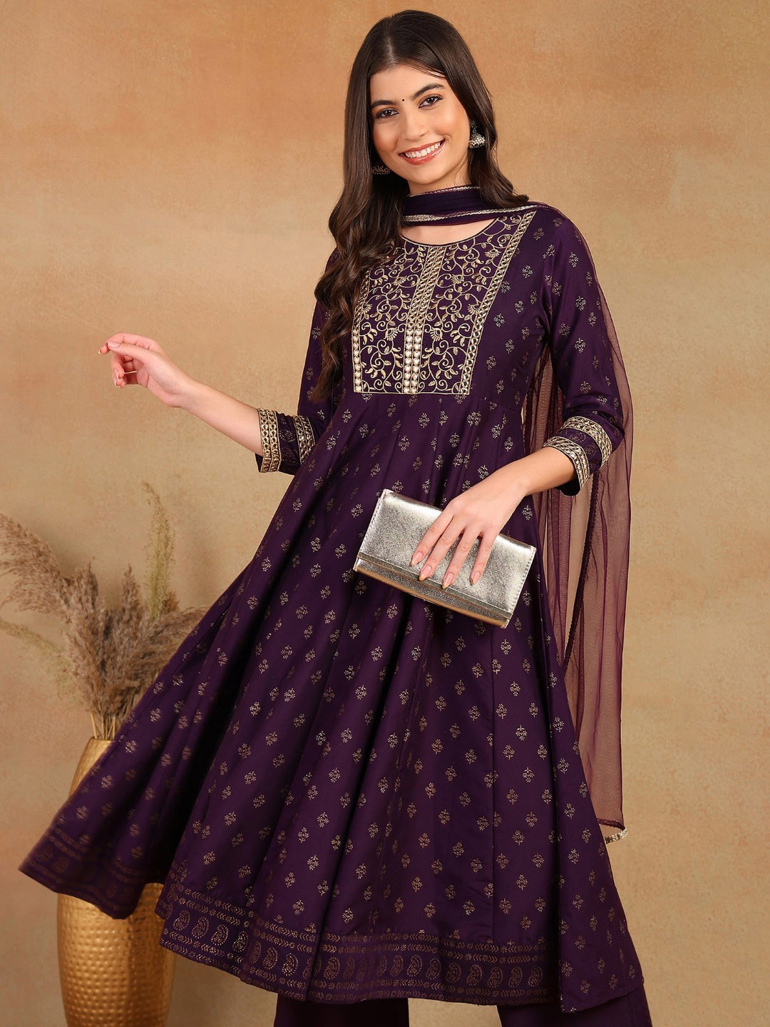

KALINI Ethnic Motifs Printed Anarkali Mirror Work Kurta With Trousers & Dupatta, Purple