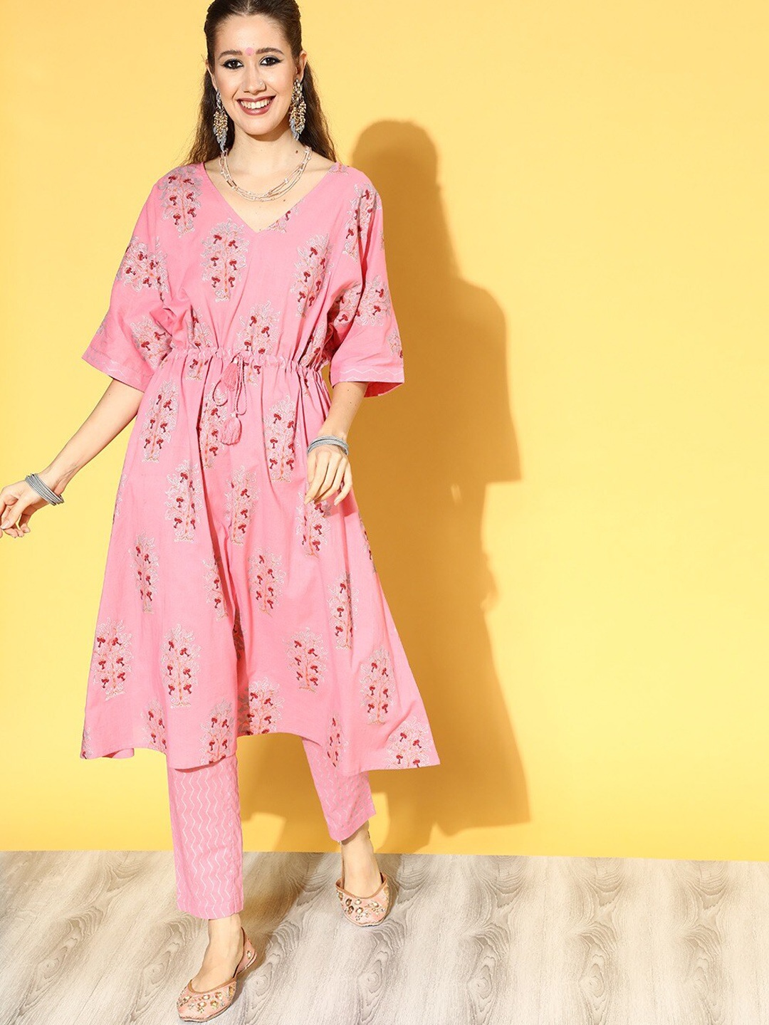 

KALINI Floral Printed Kaftan Pure Cotton Kurta With Trousers, Pink