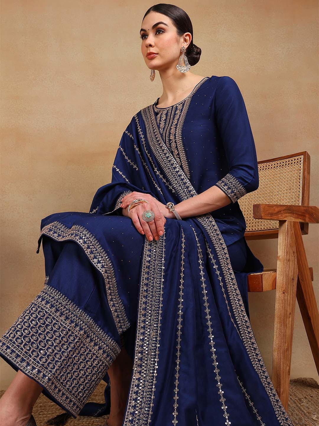 

KALINI Ethnic Motifs Yoke Design Thread Work Straight Kurta With Palazzos & Dupatta, Navy blue