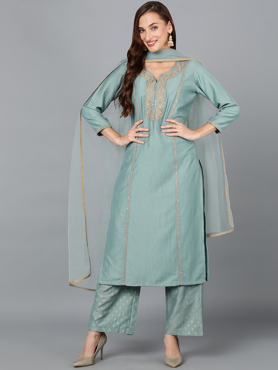 

KALINI Ethnic Motifs Embroidered Straight Kurta With Trouser & Dupatta, Teal