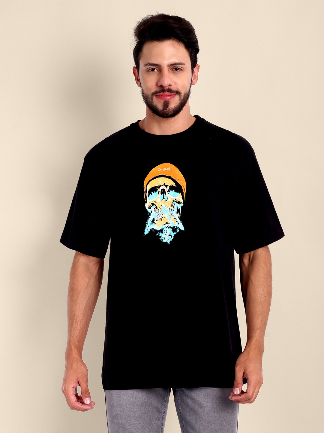 

TOMHIDDLE Graphic Printed Oversized Pure Cotton T-shirt, Black