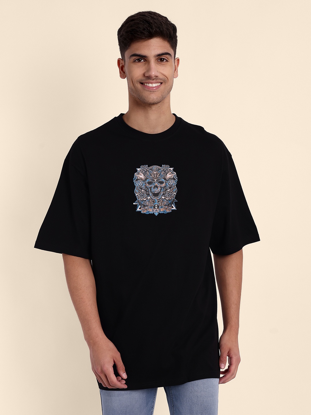 

TOMHIDDLE Graphic Printed Oversized Pure Cotton T-shirt, Black