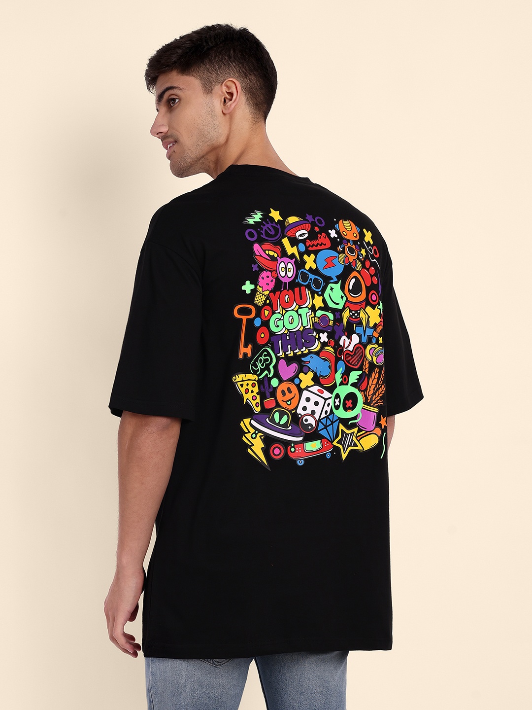 

TOMHIDDLE Graphic Printed Drop-Shoulder Sleeves Pure Cotton Oversized T-shirt, Black