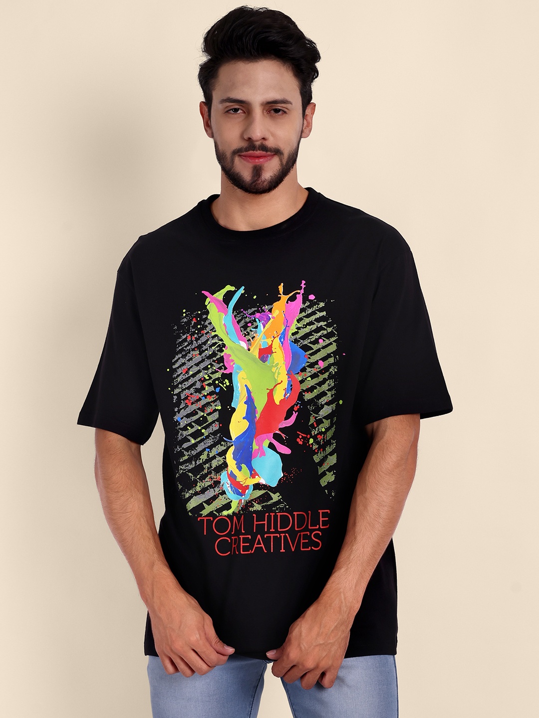 

TOMHIDDLE Graphic Printed Oversized Pure Cotton T-shirt, Black