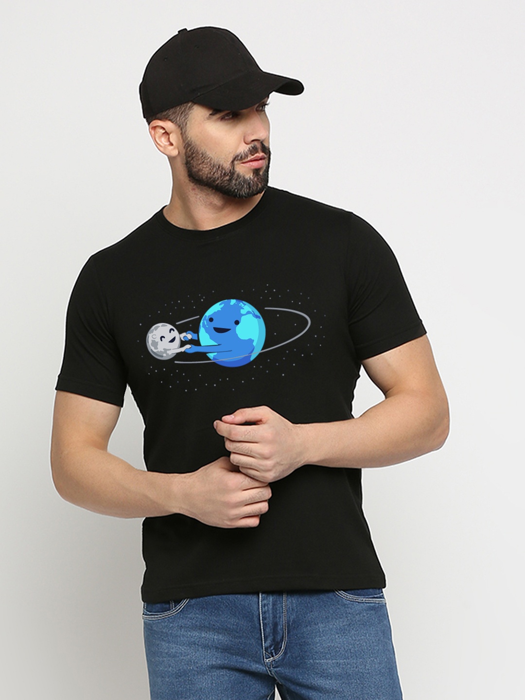 

MOD ECRU Unisex Earth & Moon Love Printed Round Neck Cotton T-shirt, Black