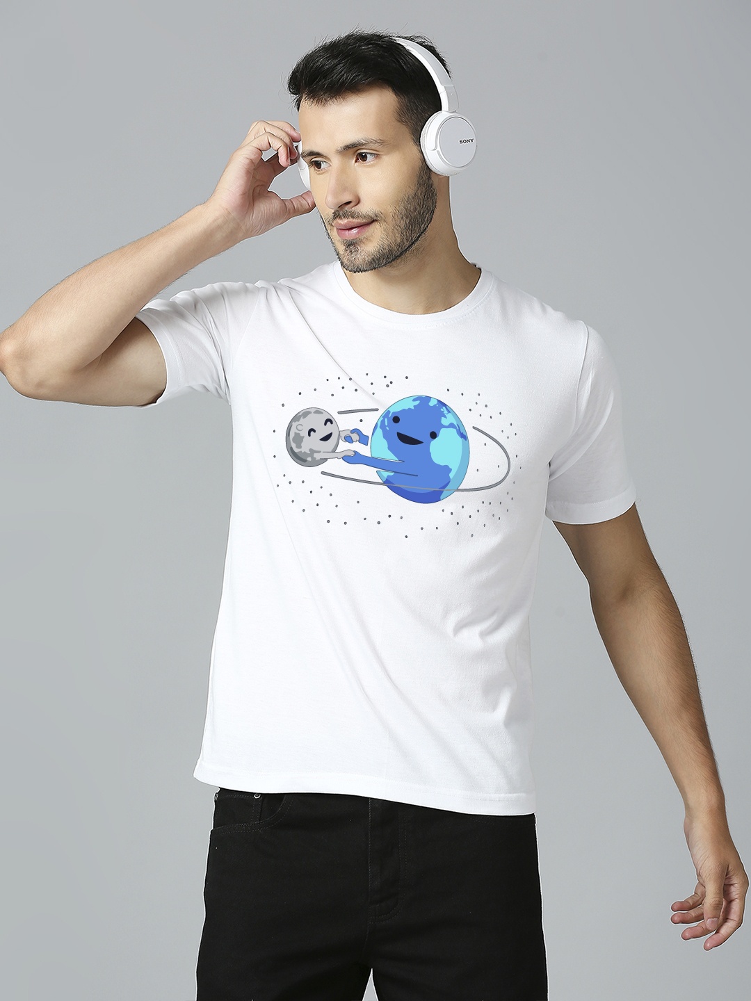 

MOD ECRU Unisex Earth & Moon Love Printed Round Neck Cotton T-shirt, White