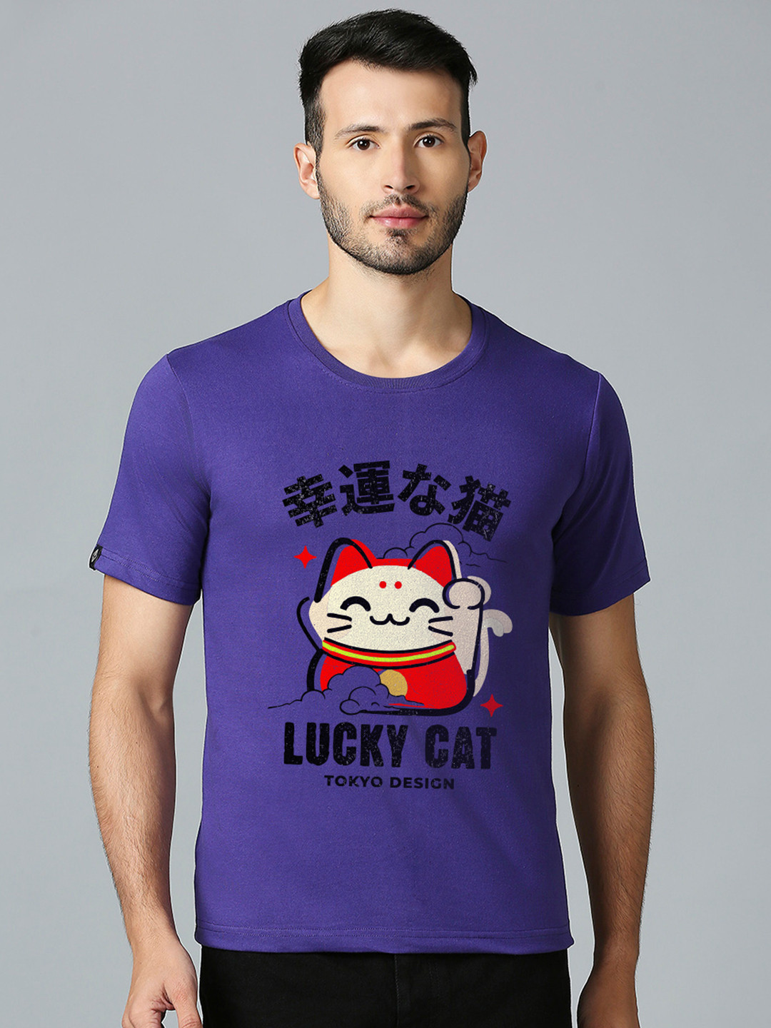 

MOD ECRU Unisex Lucky Cat Printed Round Neck Cotton T-shirt, Purple