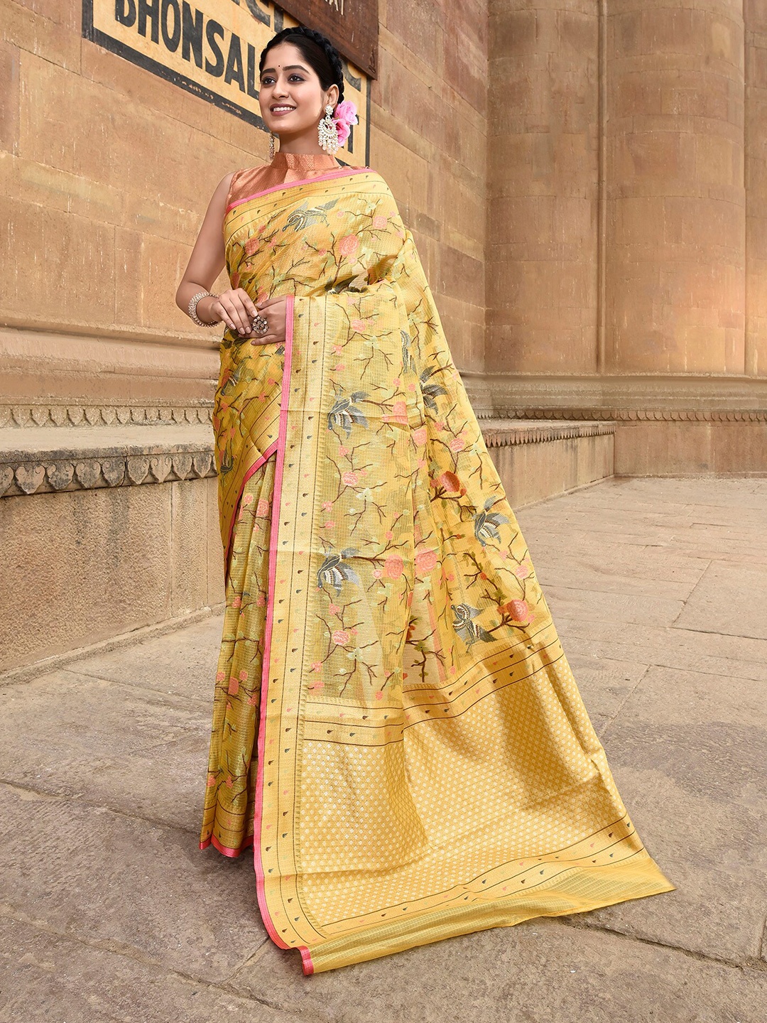 

elora Woven Design Floral Kota Saree, Yellow