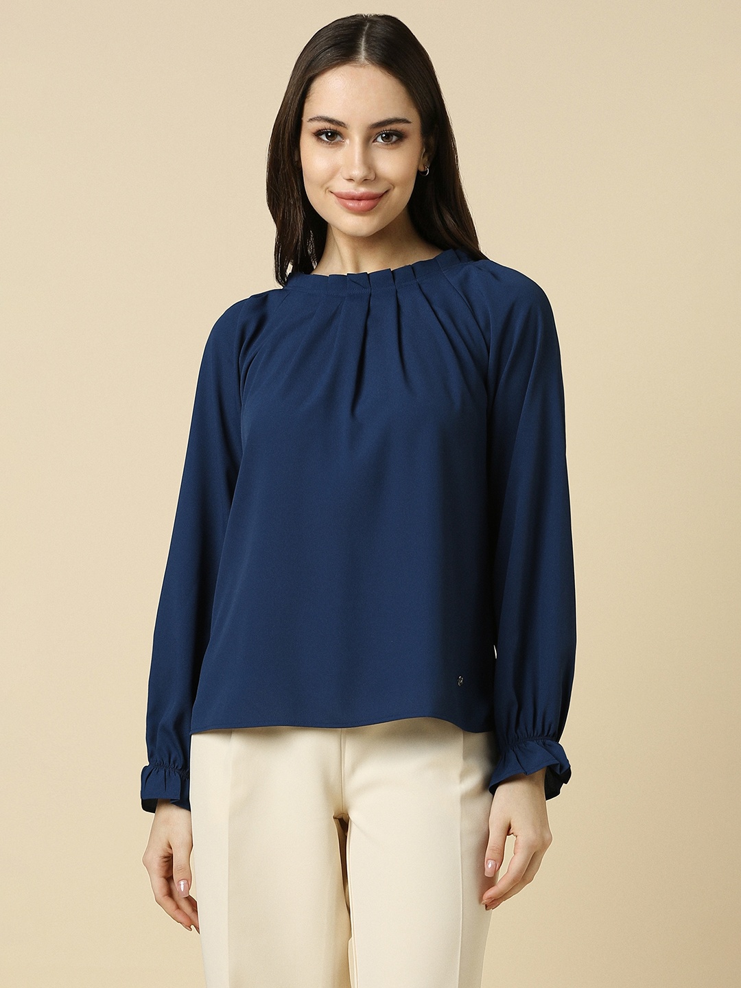 

Allen Solly Woman Puff Sleeves Gathered or Pleated Top, Navy blue