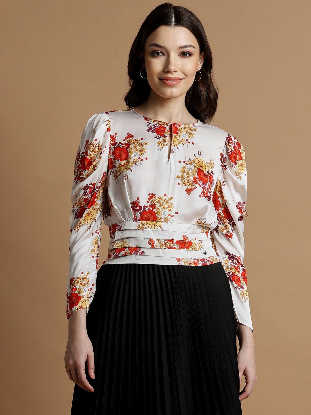 

Allen Solly Woman Floral Printed Smocking Blouson Top, White