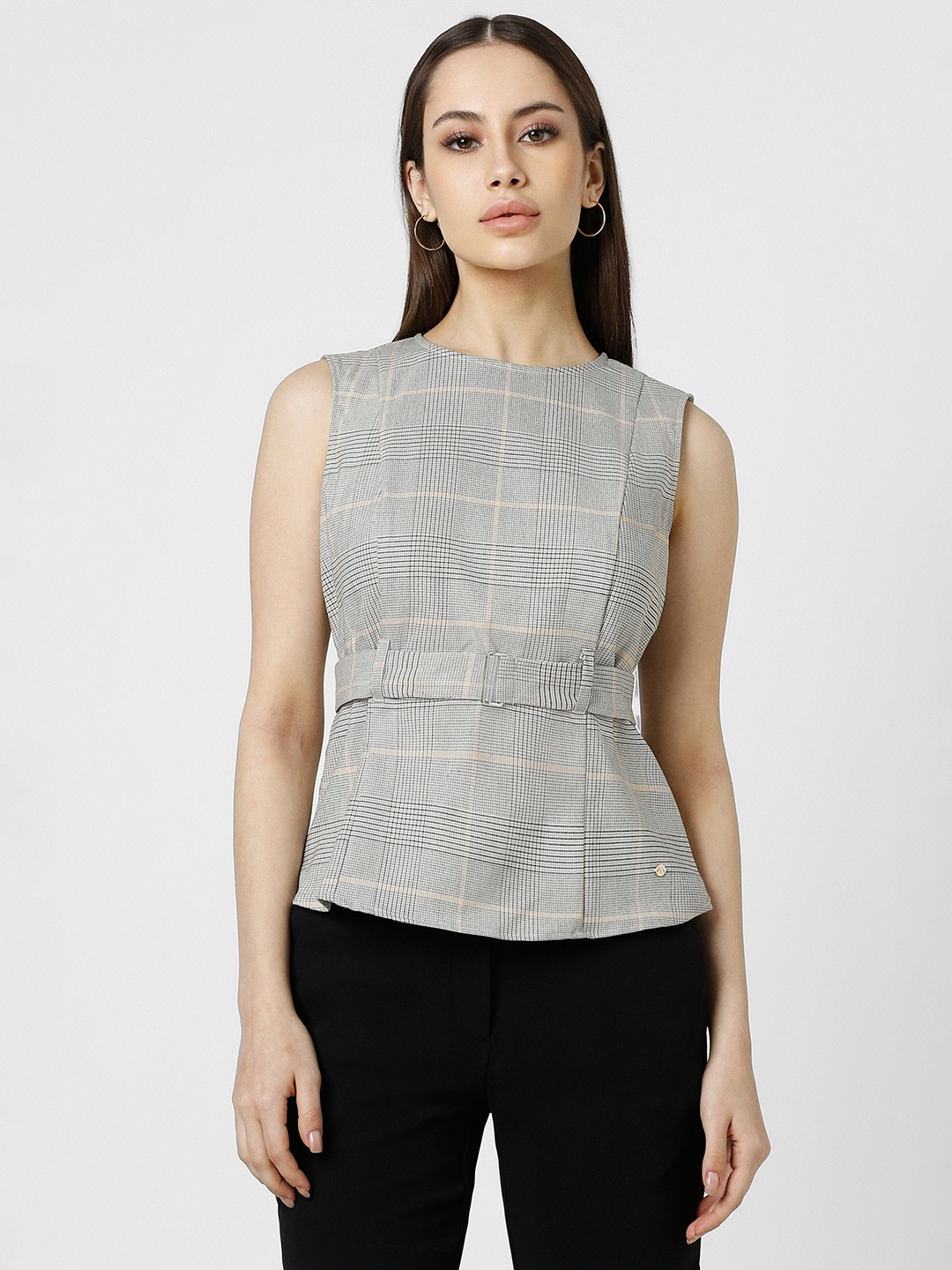 

Van Heusen Woman Checked Cinched Waist Top, Grey