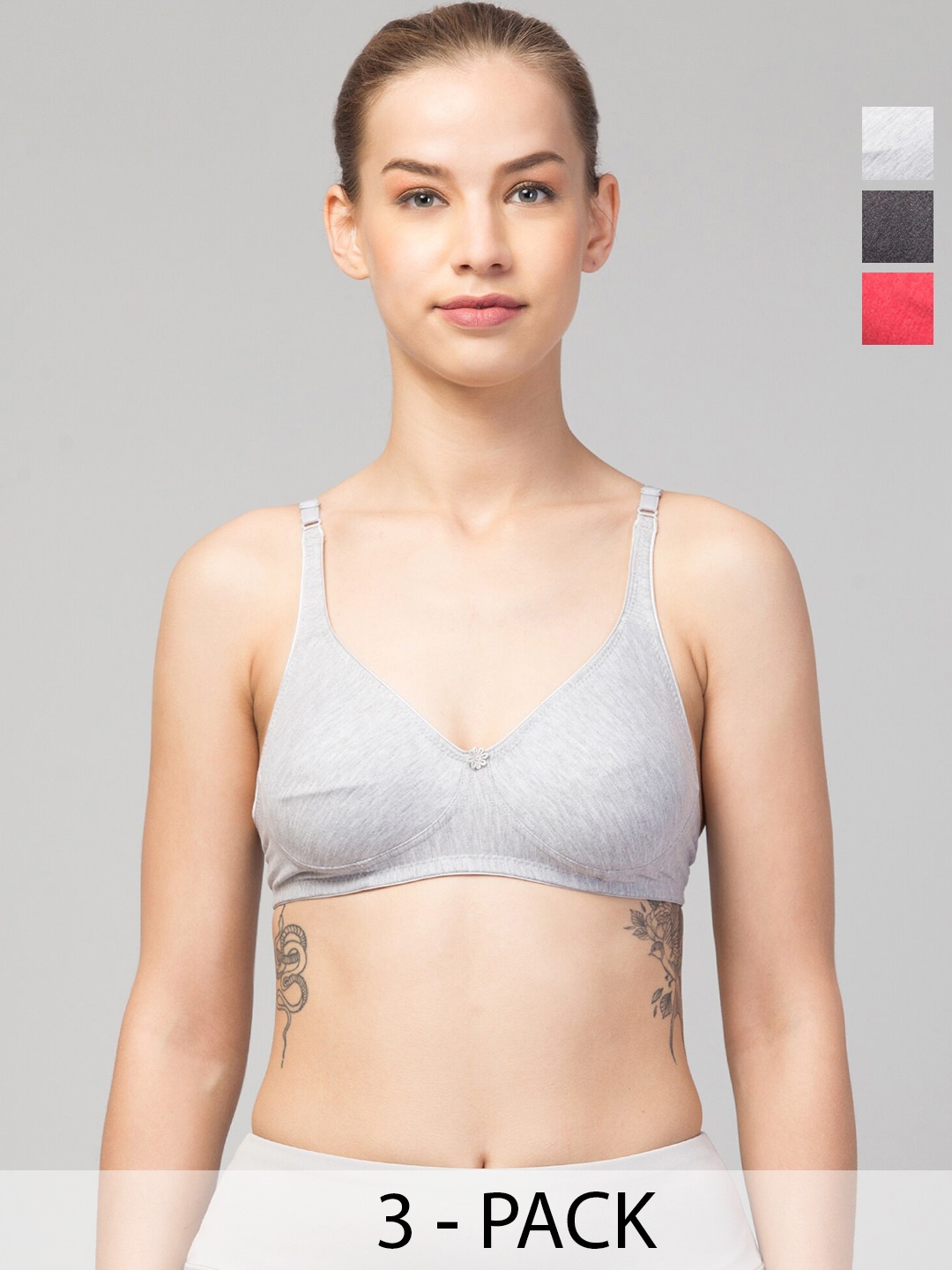 

Apraa & Parma Pack Of 3 Non Padded Non-Wired Seamless Organic T-Shirt Bra, Grey