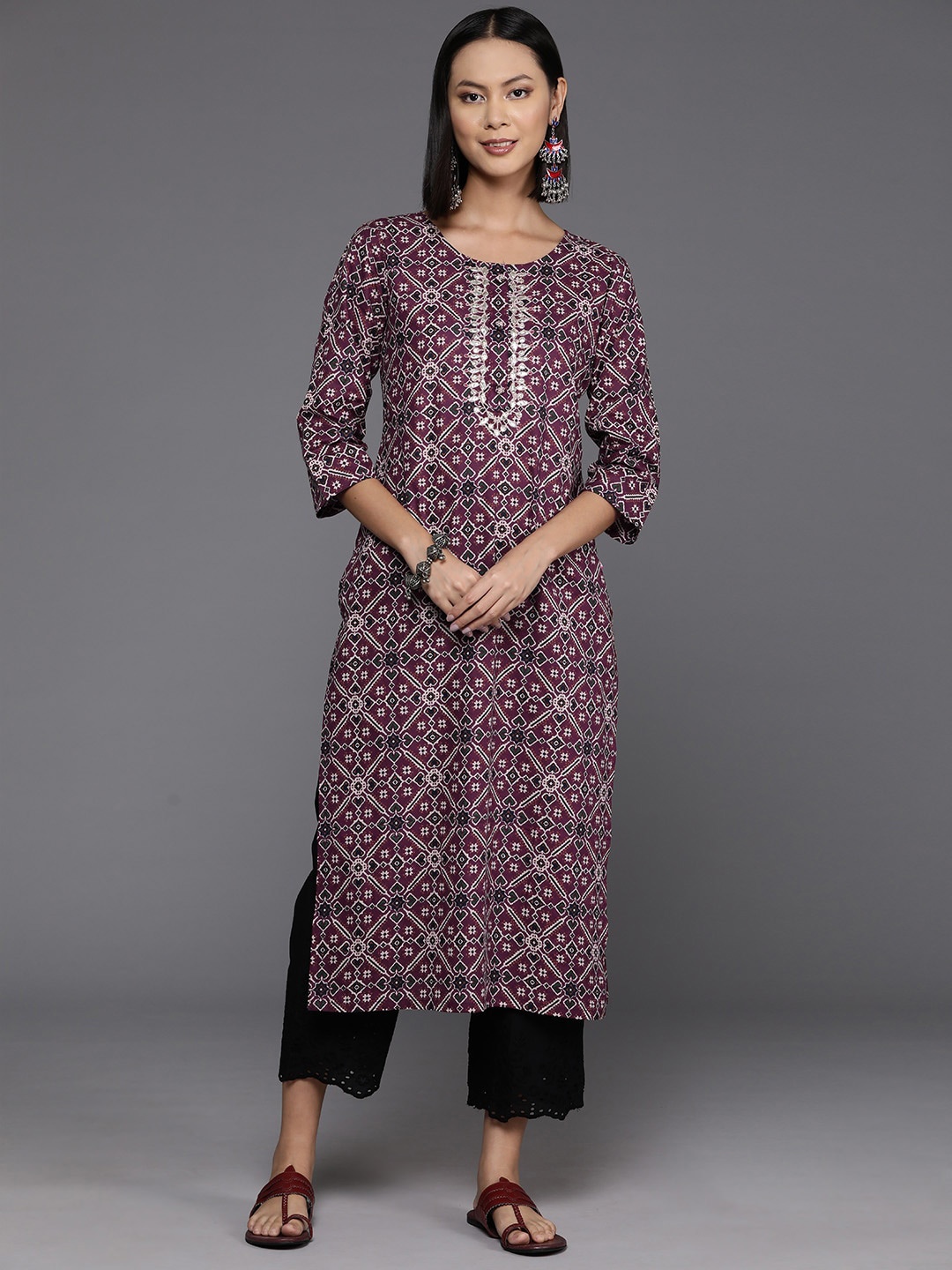 

KALINI Ethnic Motifs Printed Mirror Work Cotton Kurta, Burgundy