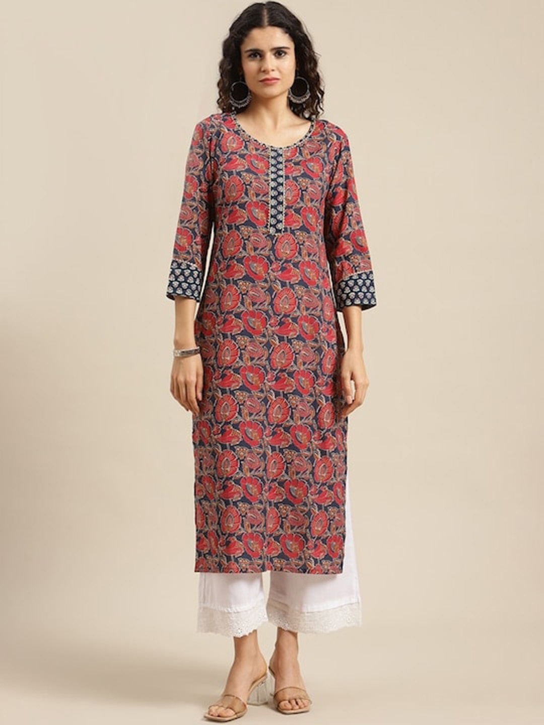 

KALINI Floral Printed Cotton Kurta, Navy blue