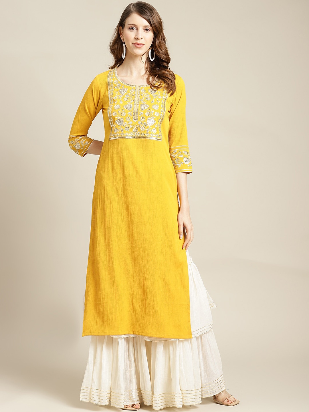 

KALINI Floral Embroidered Round Neck Kurta, Yellow