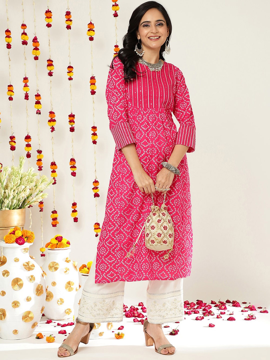 

KALINI Ethnic Motifs Printed Pure Cotton Kurta, Pink