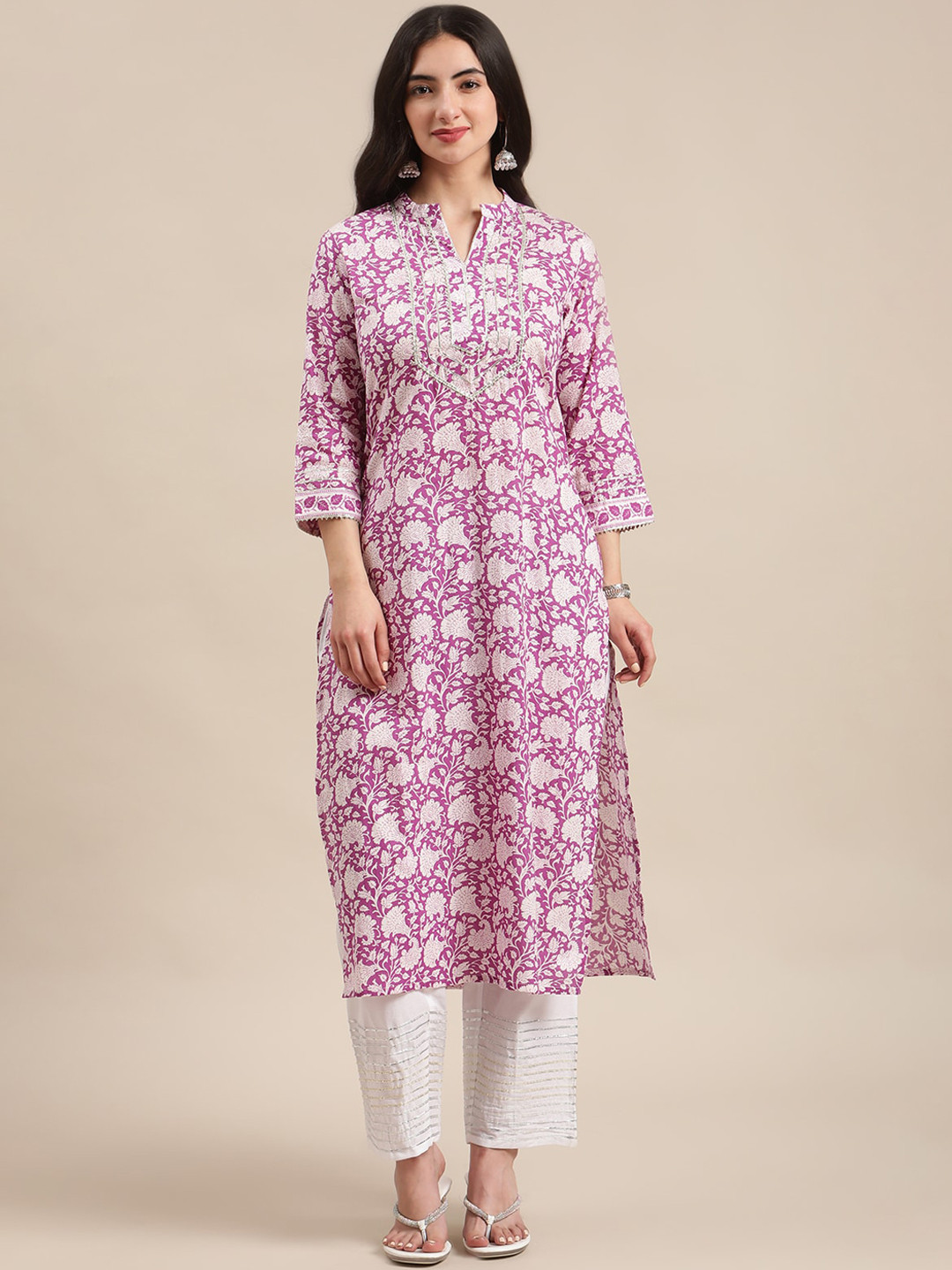 

KALINI Floral Printed Mandarin Collar Pure Cotton Kurta, Purple