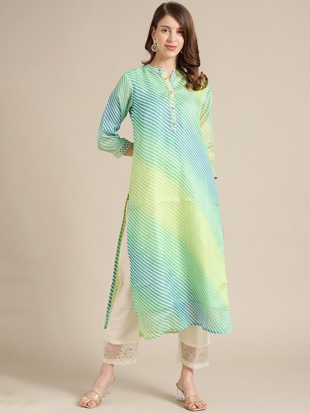 

KALINI Leheriya Printed Mandarin Collar Kurta, Green