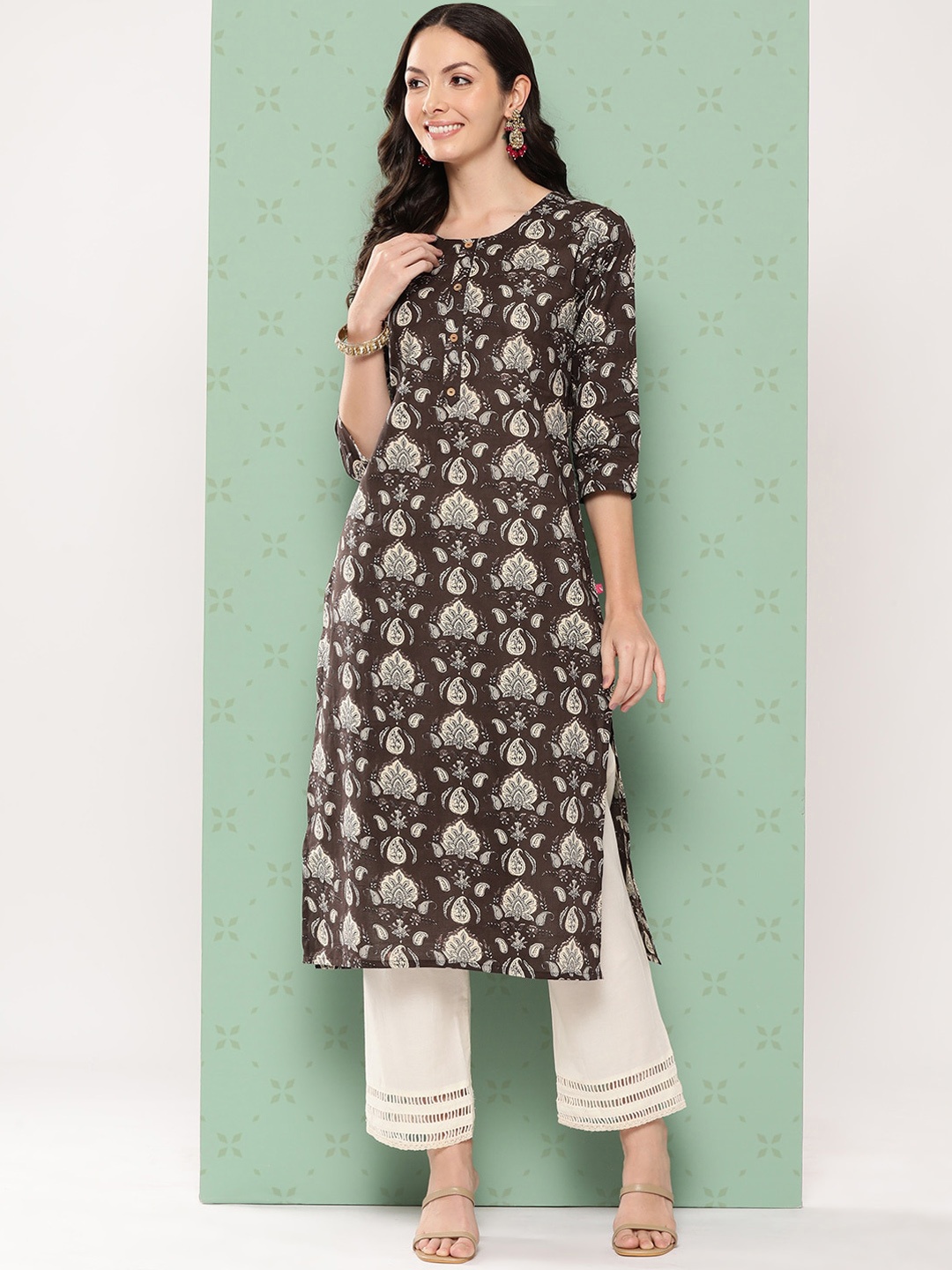 

KALINI Floral Printed Pure Cotton Kurta, Grey