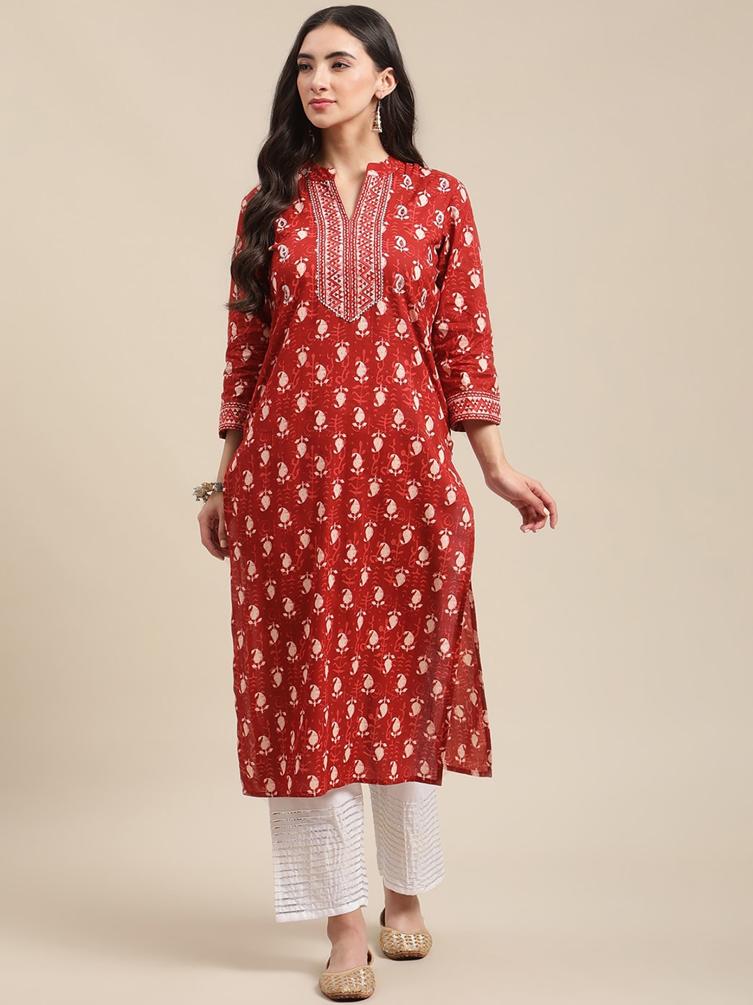 

KALINI Ethnic Motifs Printed Mandarin Collar Pure Cotton Kurta, Rust