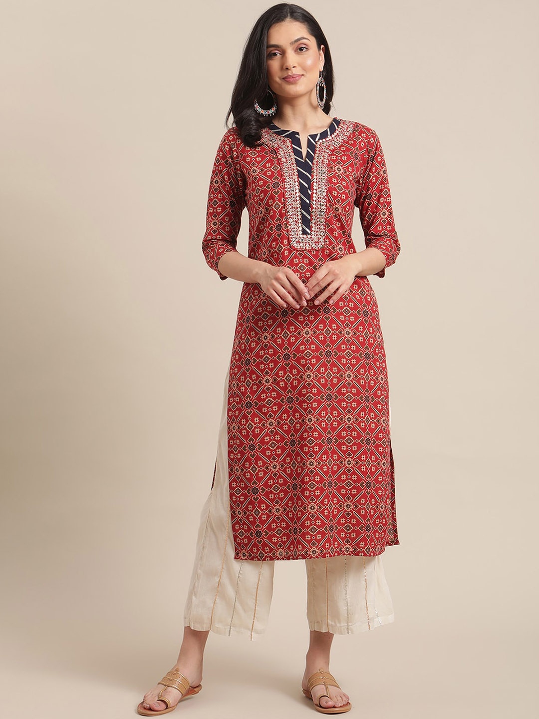 

KALINI Ethnic Motifs Printed Pure Cotton Kurta, Maroon