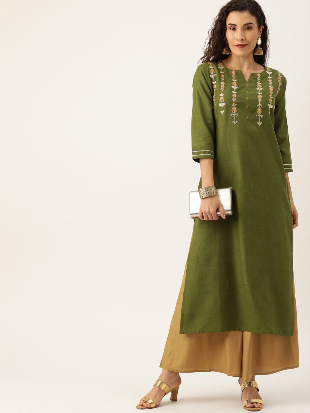

KALINI Floral Embroidered Kurta, Olive