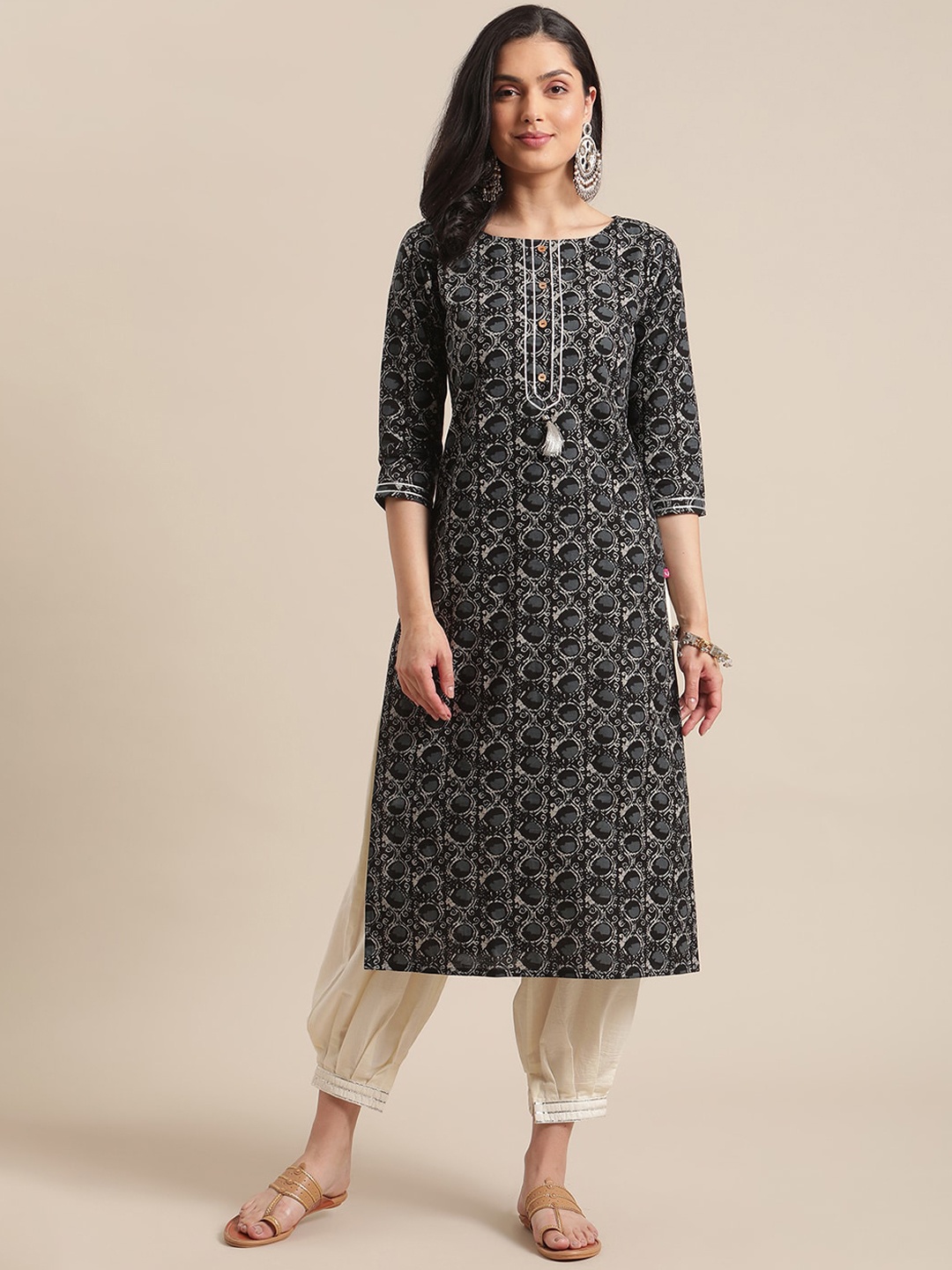 

KALINI Ethnic Motifs Printed Pure Cotton Kurta, Black